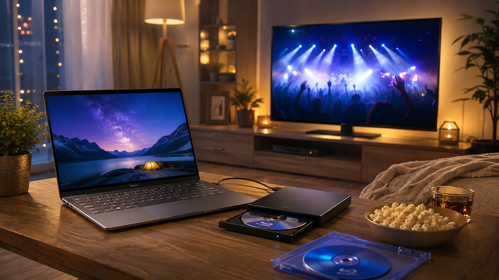 薄型ノートPC、外付けBlu-rayドライブ、Blu-rayディスク、奥にテレビがあるリビング。映画やライブを家で楽しむ雰囲気。