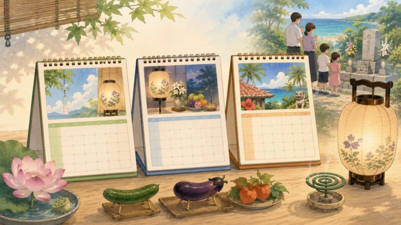 7月盆・8月盆・沖縄県や奄美群島の旧盆の日程イメージ
