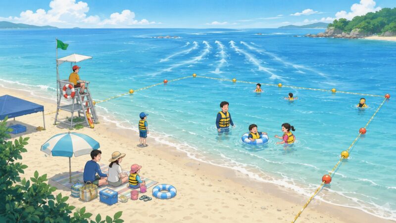監視員がいる海水浴場で安全に遊ぶ家族