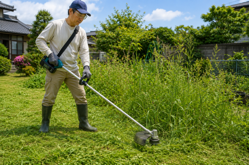 広い庭で充電式草刈機を両手で持ち、伸びた雑草を刈っている場面。