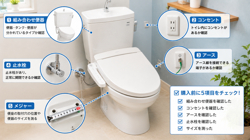 購入前5項目チェックのイラスト
組み合わせ便器
コンセント
アース
止水栓
メジャー