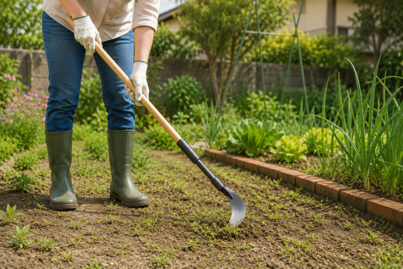 立った姿勢のまま、ねじり鎌で地面の表面を薄く削って小さな雑草を除去する場面。