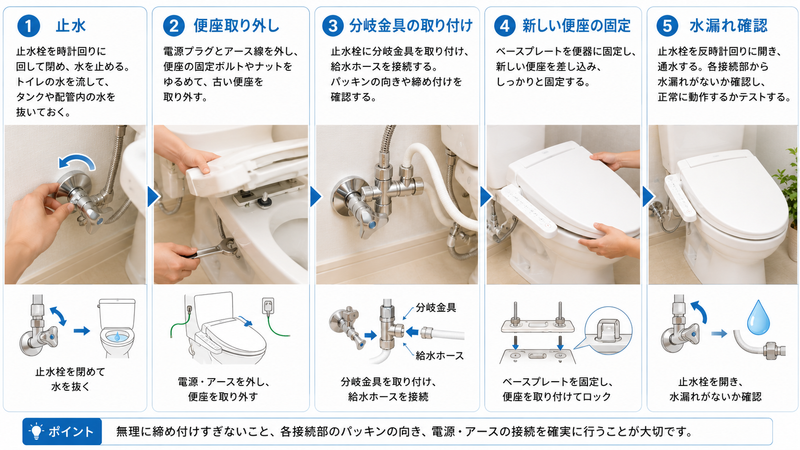 DIY交換の流れ
止水
便座取り外し
分岐金具
新便座固定
水漏れ確認
の5段階