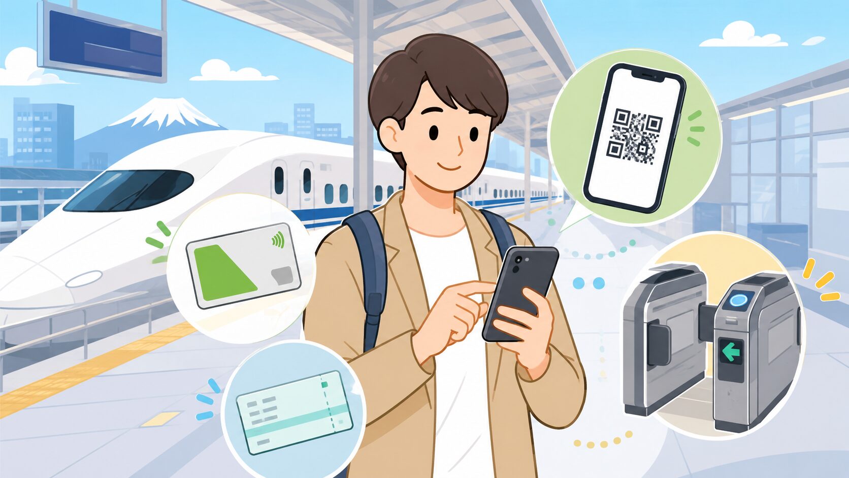 駅のホームと新幹線を背景に、スマートフォンで予約する一般的な旅行者を中央へ配置。周囲に交通系ICカード、QRコードを表示したスマートフォン、紙のきっぷ、駅の自動改札をバランスよく描く