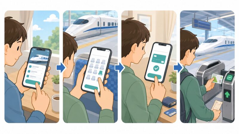 スマートフォンで新幹線を予約し、ICカードで改札を通るまでの流れ