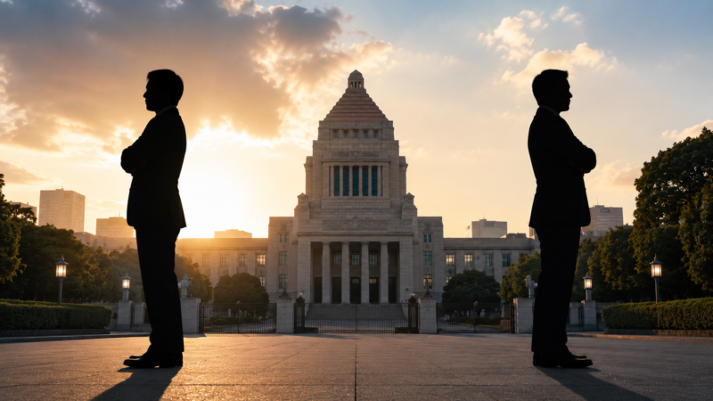 国会議事堂を背景に、左右に離れて立つ2人の「政治家をイメージした抽象的な男性シルエット」