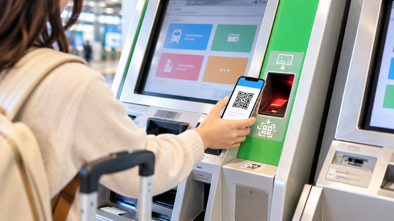 スマートフォンの受取用QRコードを指定席券売機にかざすイメージ