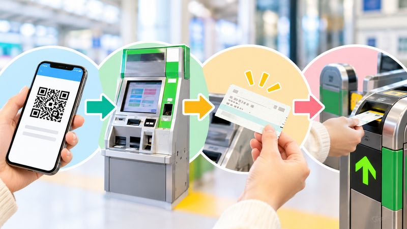 受取用QRコードから紙のキュンパスを発券して自動改札を利用する流れ