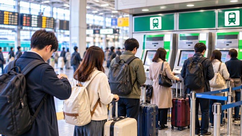 キュンパス利用日に駅の指定席券売機で発券を待つ旅行者のイメージ