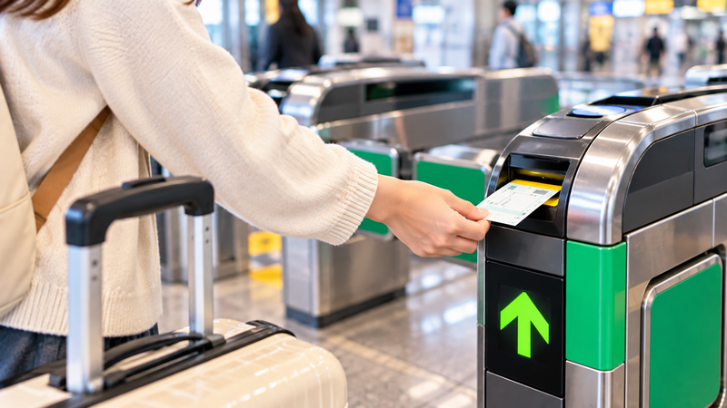自動改札機から出てきたキュンパス本券を受け取る旅行者