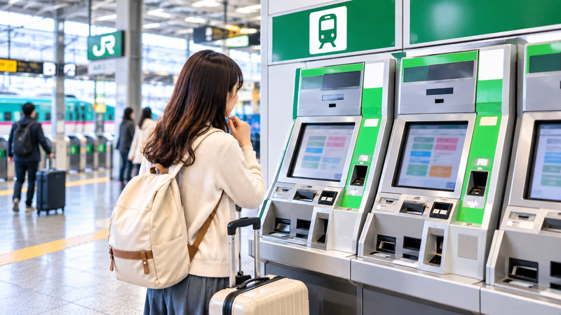 駅の指定席券売機でキュンパスの受け取り場所を確認する旅行者