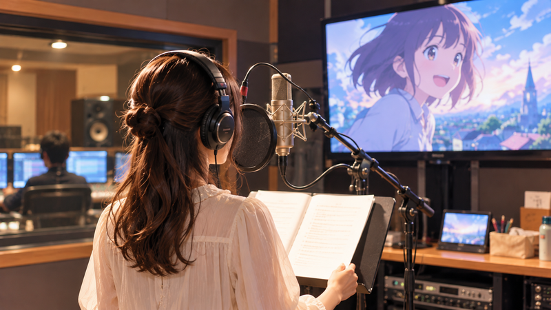 アニメ作品の声を収録する声優のイメージ