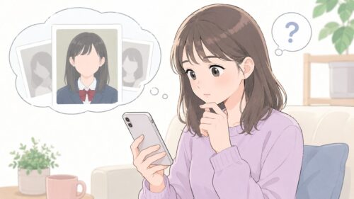 卒アル画像や過去画像の真偽を確認する女性のイラスト
