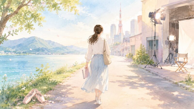 滋賀の湖畔から撮影スタジオへ向かう俳優活動をイメージしたイラスト