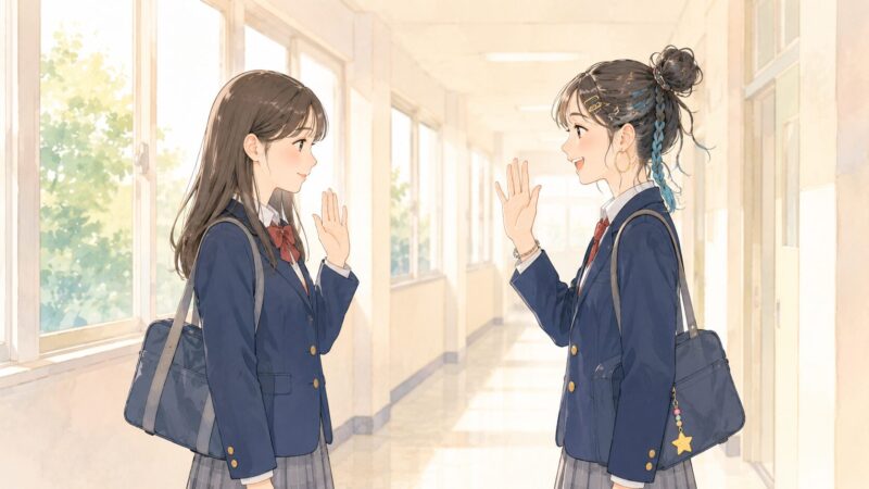 高校の廊下で挨拶を交わす女子生徒2人のイラスト