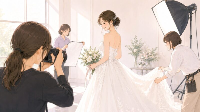 ウエディングドレス姿のモデルを撮影するスタジオのイラスト