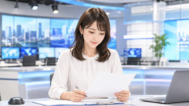 ニューススタジオで資料を確認する女性アナウンサーのイメージ