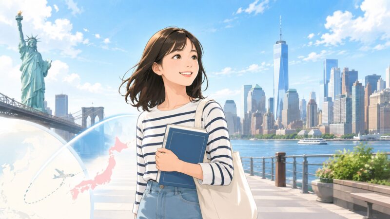 ニューヨークの街並みを背景に英語の本を持つ女子学生のイメージ