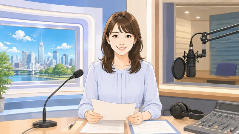 テレビスタジオとラジオブースで仕事をする女性アナウンサーのイメージ
