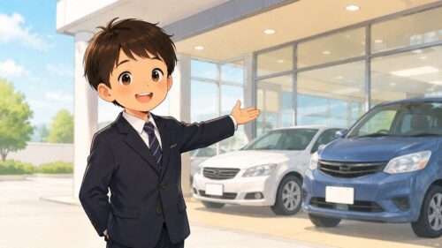自動車販売店の前で案内するスーツ姿の少年のイラスト