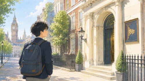 イギリス風の街並みを歩く留学生のイラスト