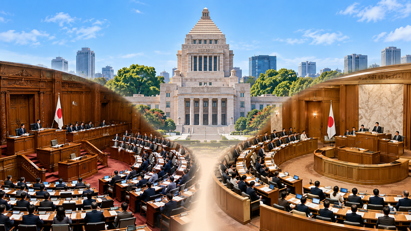 衆議院と参議院で異なる国会状況をイメージした場面