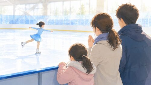 家族でスケートリンクに立つ