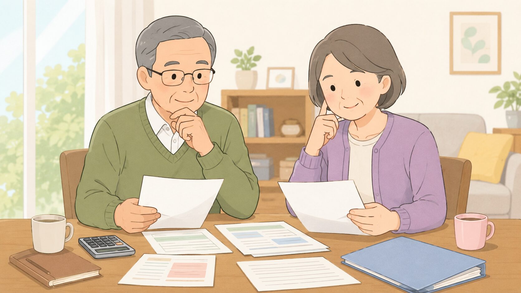 定年前後の夫婦が年金や健康保険の書類を整理しているイラスト