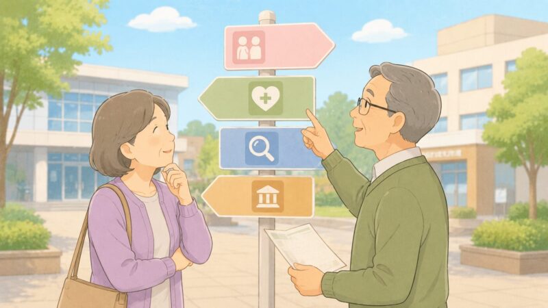 定年前後の夫婦が年金や健康保険などの相談先を確認しているイラスト