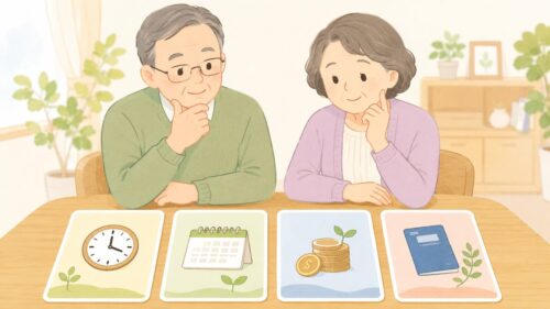 年金の受け取り時期を夫婦で比較しているイラスト