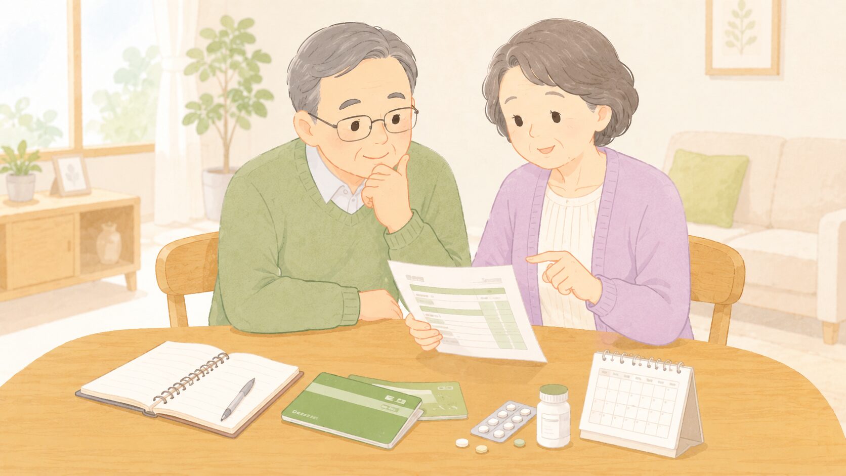 年金を何歳から受け取るか夫婦で相談しているイラスト