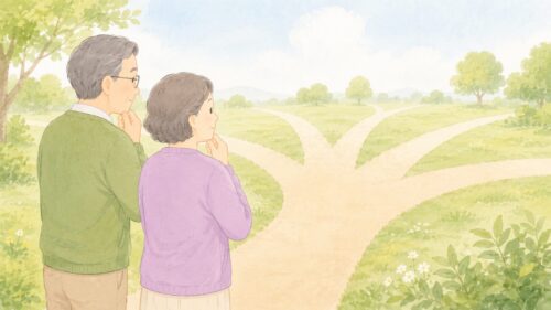 年金を何歳から受け取るか考えるシニア夫婦のイラスト