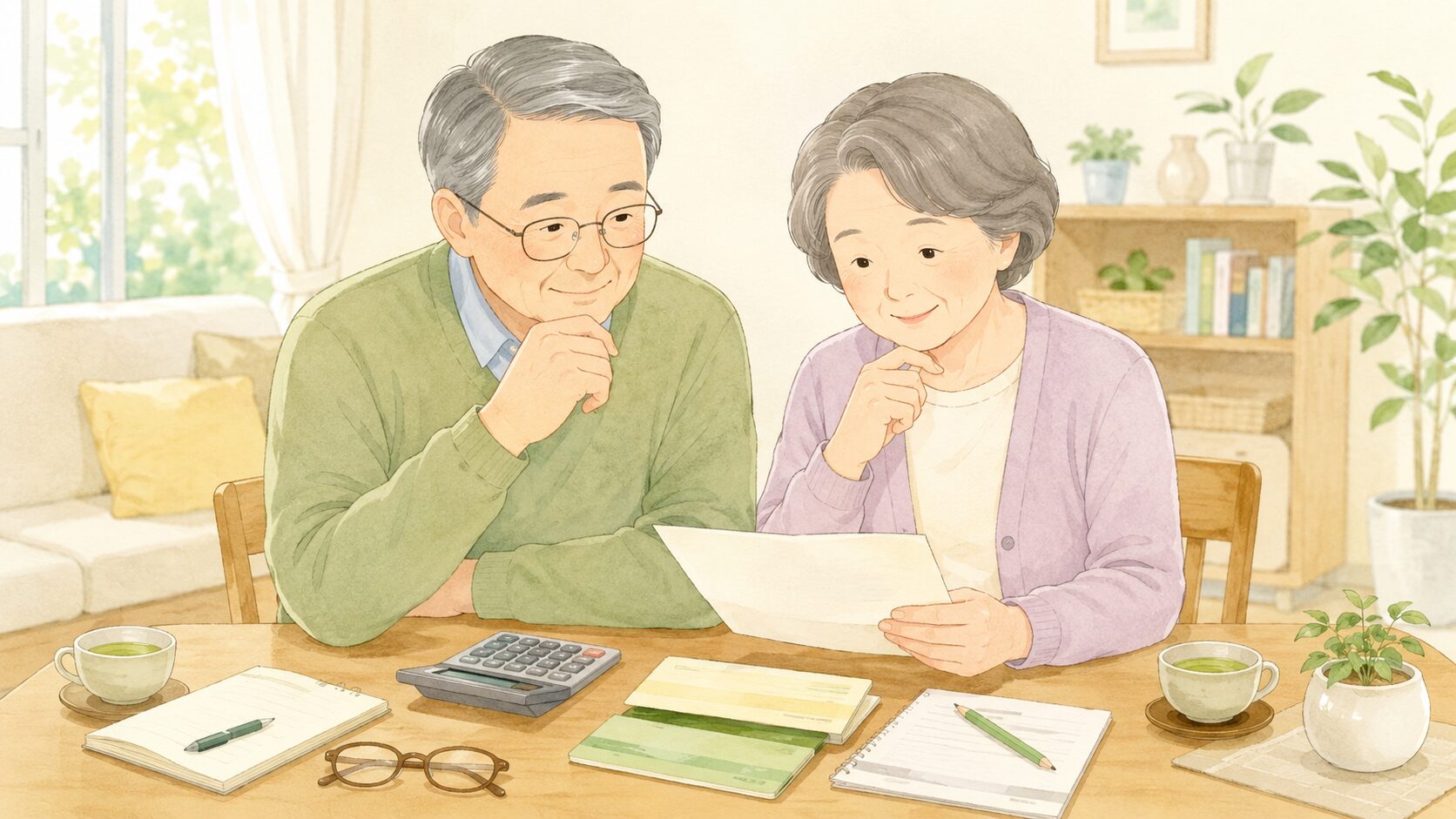 年金の手取り額を確認するシニア夫婦