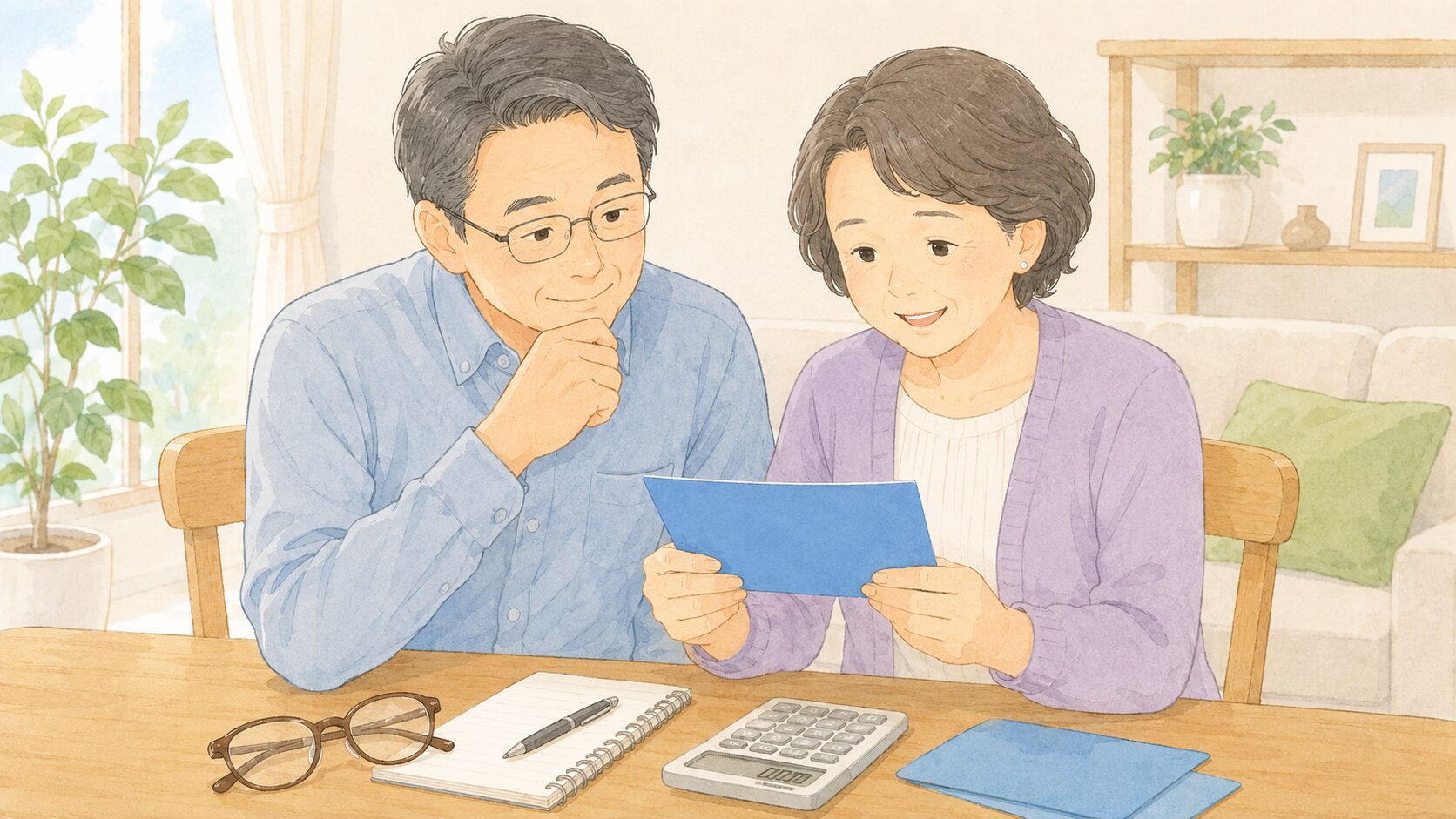 青いハガキ「ねんきん定期便」を確認する定年前後の夫婦のイラスト
