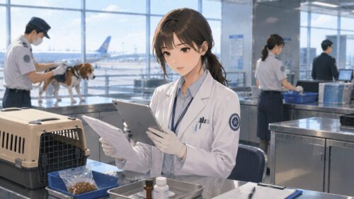 空港で動物検査するスタッフ