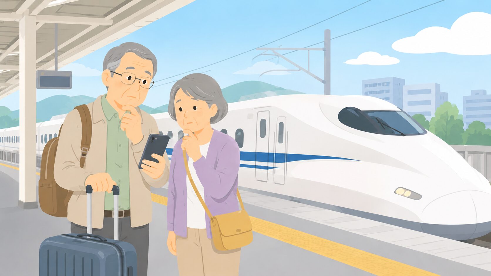 JR東海で大人の休日倶楽部が使えるか確認するシニア旅行者のイメージ