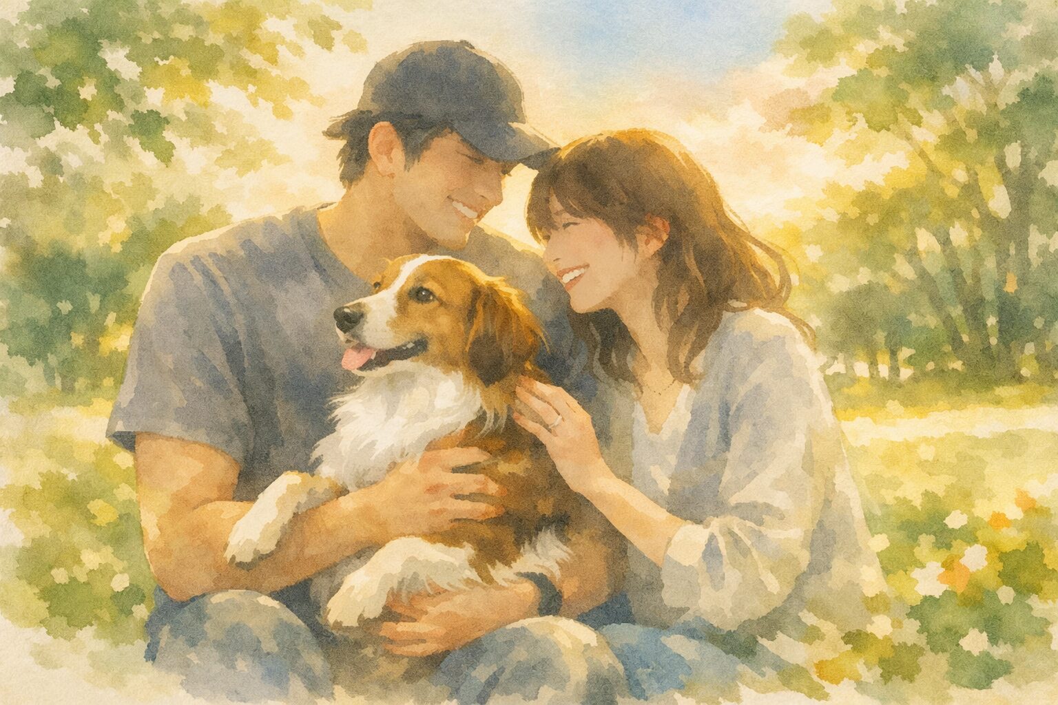 穏やかに寄り添う夫婦が犬を抱いて微笑む水彩風イラスト。柔らかな光に包まれた公園で、幸せな空気が漂う。