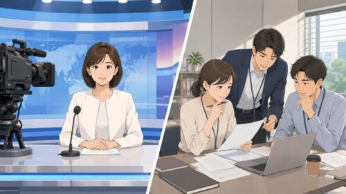 テレビスタジオとオフィス業務を対比したアナウンサーの仕事イメージ