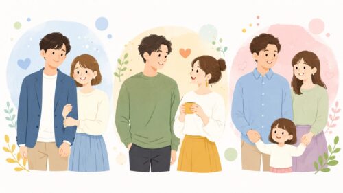 法律婚・事実婚・選択的夫婦別姓の違いを表すイラスト