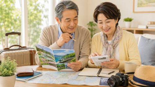 大人の休日倶楽部パスの料金を確認しながら旅行計画を立てる夫婦