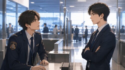 空港の審査ブースで職員同士が向き合うイメージイラスト