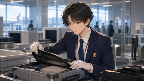 空港の税関カウンターで荷物確認をする職員のイメージイラスト