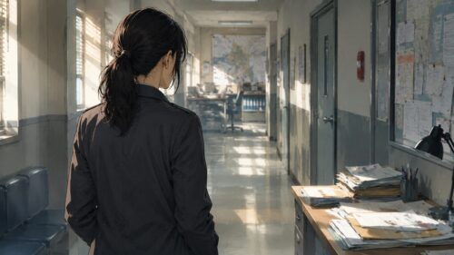 警察署の廊下に立つ女性刑事風の後ろ姿