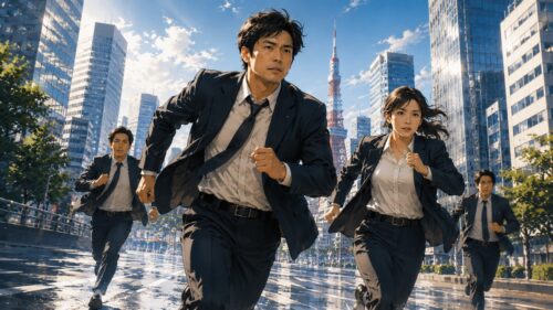 都会を走る刑事風の男女と新作映画のイメージ