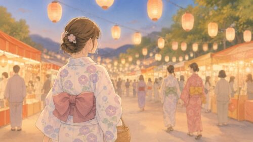 地方の祭りの中で、夢に向かって歩き出す若い女性