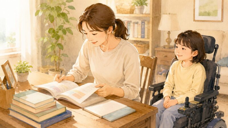 福祉について学ぶ母親と電動車いすを利用する娘のイメージイラスト