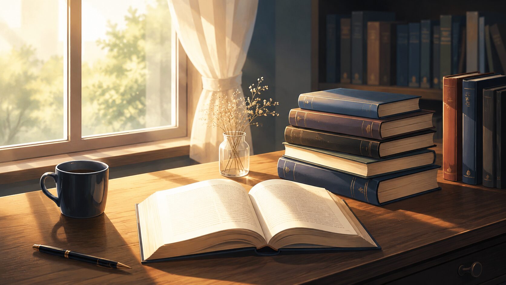 窓辺の書斎に積まれた小説と開かれた一冊の本。