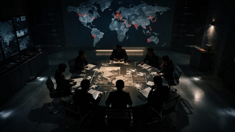 世界地図と複数の赤い地点を背景に、作戦会議をする秘密工作員たちのシルエット
