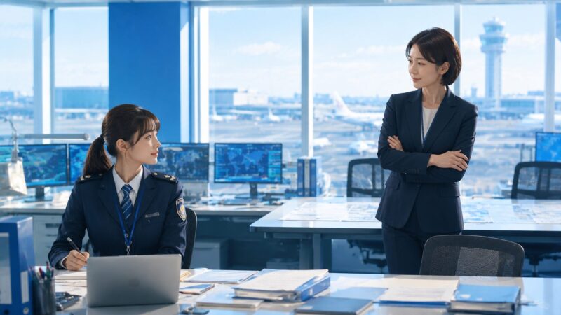 空港の対策室で制服姿の女性職員とスーツ姿の女性官僚が視線を交わすイメージイラスト