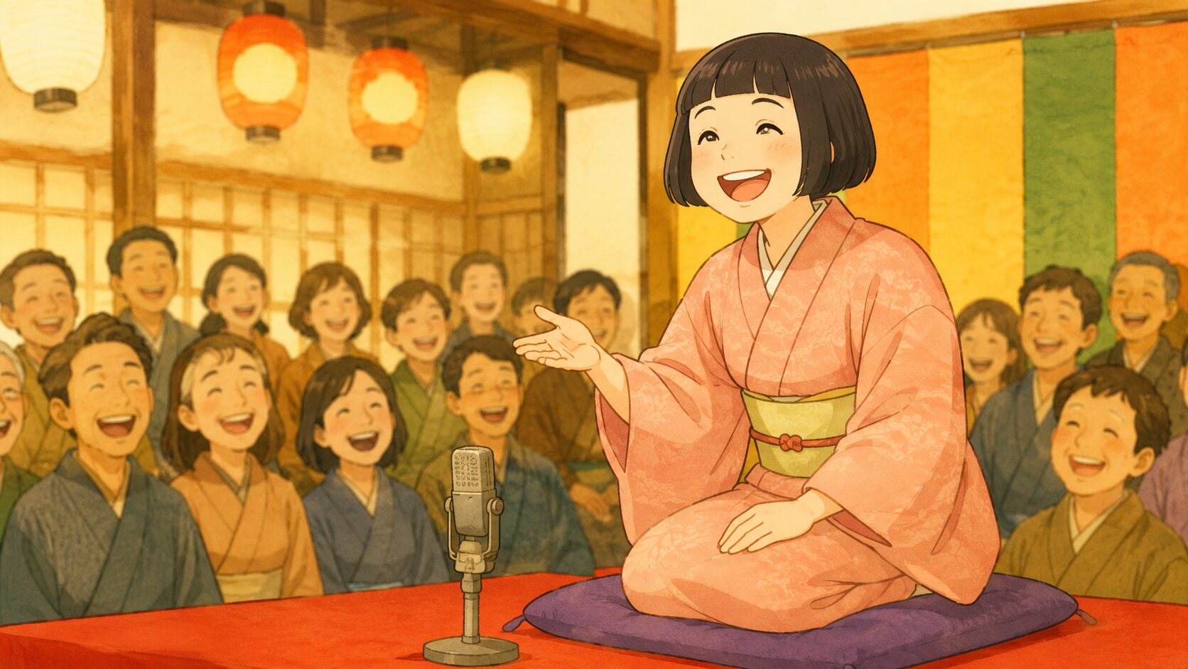 落語の高座に座る若手女性落語家